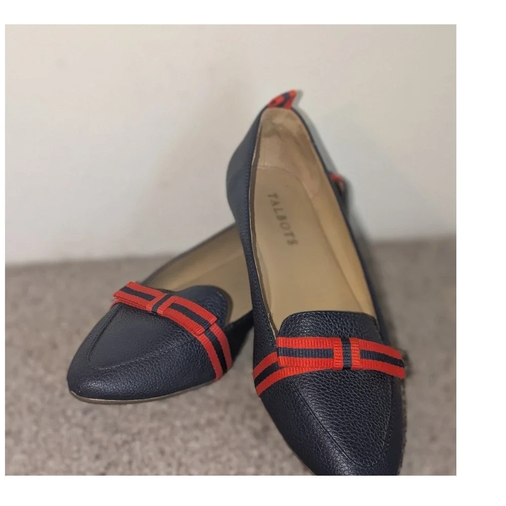 Talbots‎ Navy Blue Pebbled Leather Pointed Toe Loafers Striped Bow 6.5M Womens